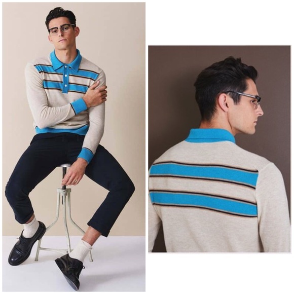 Todd Snyder $249 Long Sleeve Tan/Blue Stripe Merino Wool Polo Sweater Size Small